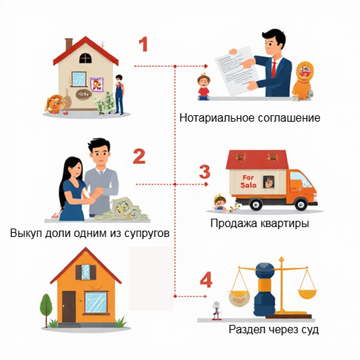 инфографика показывает четыре сценария развития раздела квартиры с маткапиталом